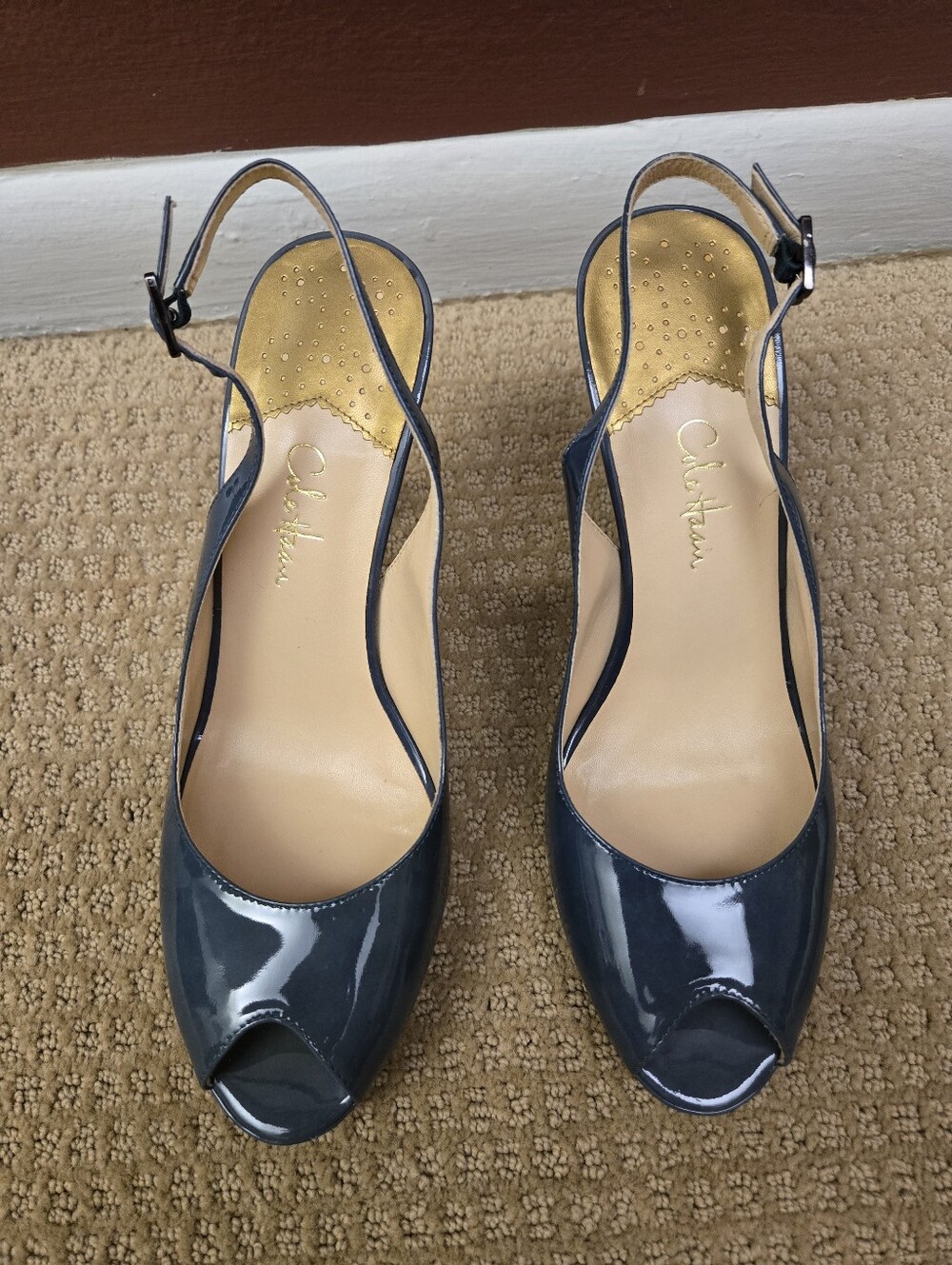 Cole Haan Carma Nike Air Dark Denim Patent Slingback Peep Toe Heels 7.5
